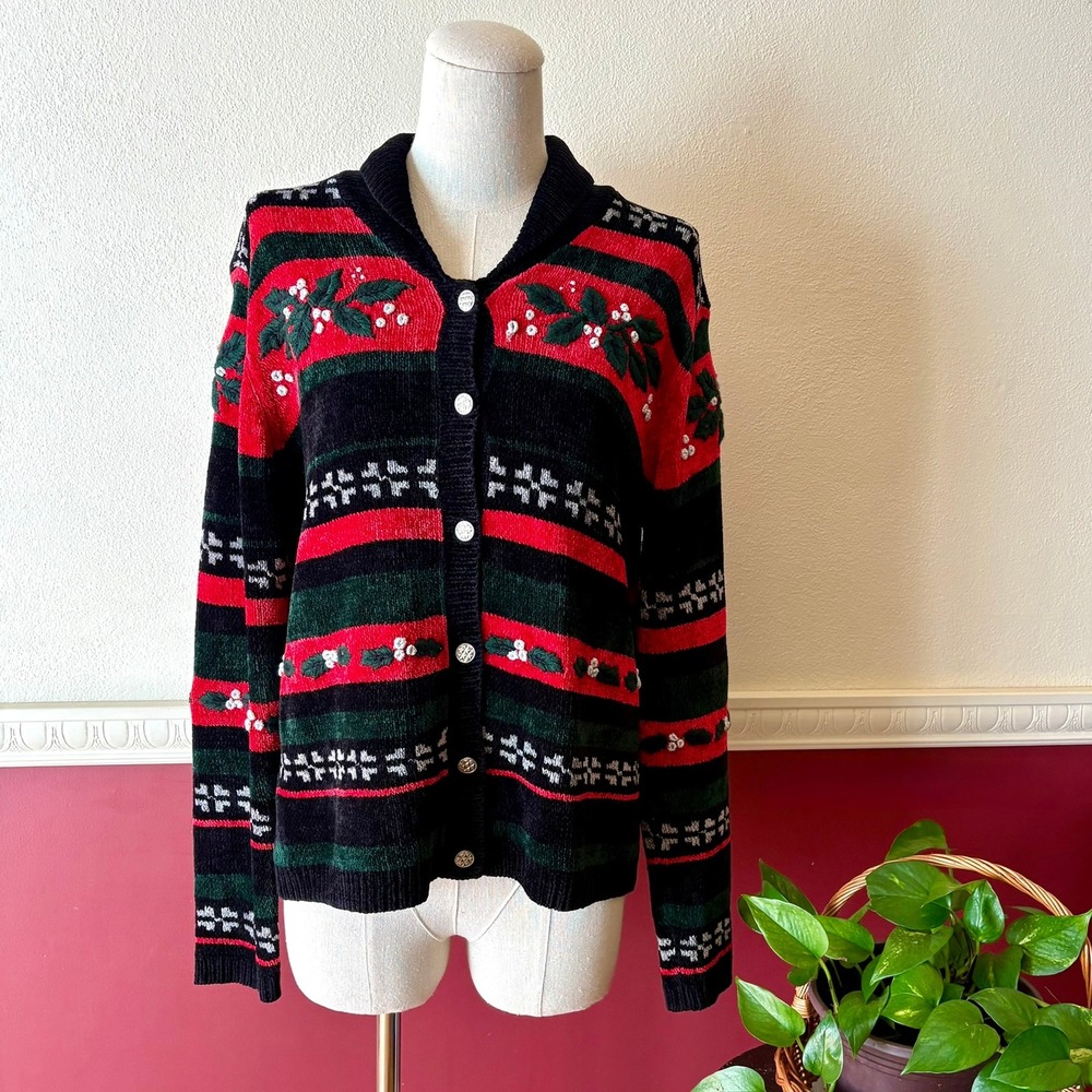 Vintage Christopher Banks Chenille Christmas Cardigan M Hand-Embroidered Sweater